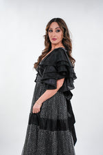 Load image into Gallery viewer, Rochelle layered glittery tulle v-neckline with layered balloon sleeve maxi dress