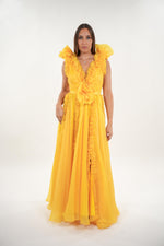 Load image into Gallery viewer, Symona tulle floral ruffled deep v- neckline sleeveless maxi dress with floral adjustable belt