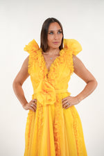 Load image into Gallery viewer, Symona tulle floral ruffled deep v- neckline sleeveless maxi dress with floral adjustable belt