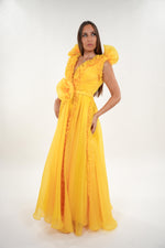 Load image into Gallery viewer, Symona tulle floral ruffled deep v- neckline sleeveless maxi dress with floral adjustable belt