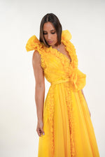 Load image into Gallery viewer, Symona tulle floral ruffled deep v- neckline sleeveless maxi dress with floral adjustable belt