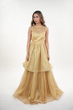 Load image into Gallery viewer, Helene metallic crepe two- tiered with cap sleeves maxi dress