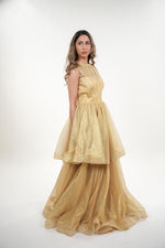 Load image into Gallery viewer, Helene metallic crepe two- tiered with cap sleeves maxi dress
