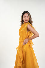 ഗാലറി വ്യൂവറിലേക്ക് ചിത്രം ലോഡ് ചെയ്യുക, Celia shimmery silk high- neck collar with ruffled train cap sleeved maxi dress