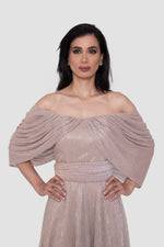 Load image into Gallery viewer, Noora Metallic Off-Shoulder With Pleated Draped Sleeves Maxi Dress