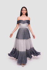 Load image into Gallery viewer, Hailey Metallic Silver And Charcoal Off-shoulder Padded Corset Maxi Dress