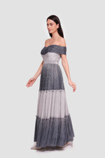 Load image into Gallery viewer, Hailey Metallic Silver And Charcoal Off-shoulder Padded Corset Maxi Dress
