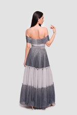 Load image into Gallery viewer, Hailey Metallic Silver And Charcoal Off-shoulder Padded Corset Maxi Dress