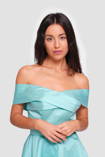 Load image into Gallery viewer, Riley Soft Cyan Taffeta Off-shoulder Corset Maxi Dress