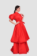 Load image into Gallery viewer, Anna Red Taffeta Pleated Button-down Front Maxi Dress With Puff Short Sleeves