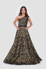 Load image into Gallery viewer, Liora Black Metallic Jacquard One-Shoulder Gown