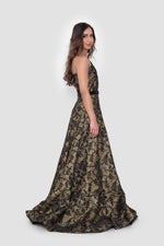 Load image into Gallery viewer, Liora Black Metallic Jacquard One-Shoulder Gown