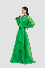 Load image into Gallery viewer, Arabella Emerald Green Silk Organza Wrap-style Maxi Dress With Long Sleeves