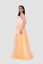 Load image into Gallery viewer, Havilah Strapless Peach Corset Gown With Layered Warm Honey Tulle Skirt