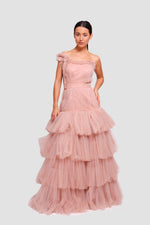 Load image into Gallery viewer, Sam Rosewood Tulle One-shoulder Ruffled Maxi Dress