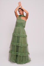 Load image into Gallery viewer, Tiana Riche Olive Green Tulle Strapless Corset Maxi Dress With Ruffles