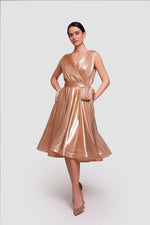 Load image into Gallery viewer, Sandra Gold Metallic Fabric Sleeveless Pleated Midi Dress