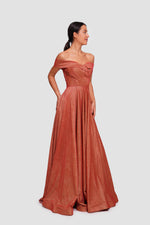 Load image into Gallery viewer, Tamara Shimmering Burnt Orange Glitter Fabric Sweetheart Neckline Maxi Dress