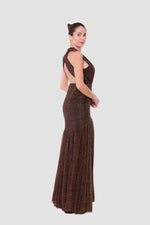 Load image into Gallery viewer, Adeline Bronze-Gold Metallic Tissue Fabric Halter Neck With Deep V-neckline Open Back Dress