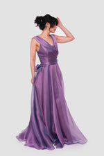 Load image into Gallery viewer, Violetta Plum Purple Shimmer Organza Maxi Dress