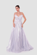 Load image into Gallery viewer, Roxanne Metallic Silver Sweetheart Surplice Neckline With Thin Straps Maxi Dress