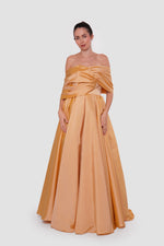 Load image into Gallery viewer, Amana Golden Mustard Taffeta Strapless Corset Maxi Dress