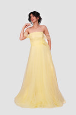 Load image into Gallery viewer, Selena Pale Yellow Off-shoulder Tulle Corset Maxi Dress With Sheer Short Sleeves
