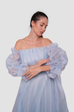 Load image into Gallery viewer, Celeste Peach blush organza off-shoulder maxi dress with billowy sleeves