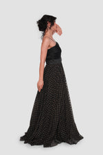 Load image into Gallery viewer, Alessia Black Tulle With Gold Metallic Glitter Maxi Dress