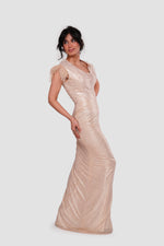Load image into Gallery viewer, Aurelia Gold Deep V-neckline With Feather Trim Cape Sleeves Maxi Dress