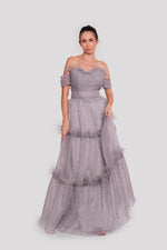 Load image into Gallery viewer, Evelyn Gray Organza Off-shoulder Corset Maxi Dress With Feathers