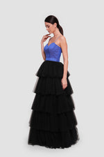 Load image into Gallery viewer, Layali Blue Black Taffeta Tulle Corset Maxi Dress
