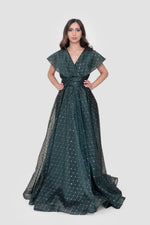 Load image into Gallery viewer, Maristella Embellished Geometric Deep Teal Mesh Maxi Dress