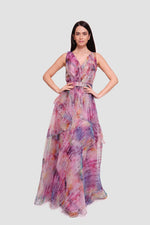 Load image into Gallery viewer, Aya Multicolored Silk Printed Organza Sleeveless Maxi Dress