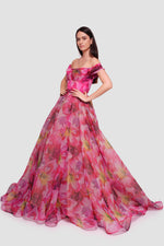 Load image into Gallery viewer, Amanda Pink With Multicolored Floral Patterns Organza Off-shoulder Gown