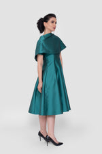 Load image into Gallery viewer, Kate Satin Emerald Green Midi Dress With Detachable Cape