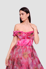 Load image into Gallery viewer, Amanda Pink With Multicolored Floral Patterns Organza Off-shoulder Gown