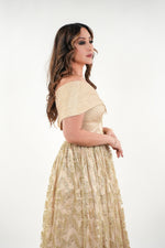 Load image into Gallery viewer, Eleanor lace embroidered fitted corset waist off shoulder blazer dress