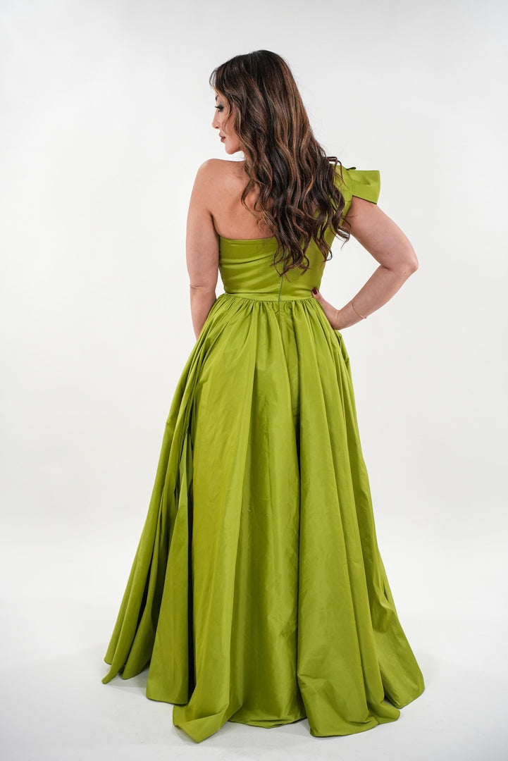 Daphne taffeta asymmetrical pleated bust sleeveless maxi dress