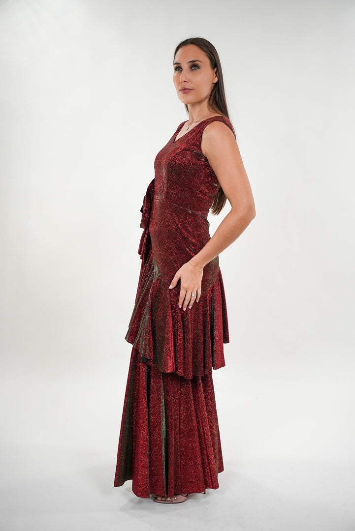 Ayana salsa two tier v-neck sleeveless maxi dress with rose appliqué