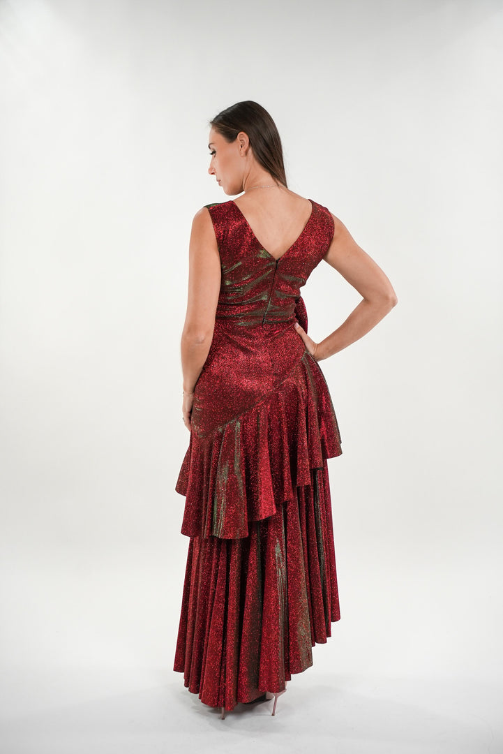 Ayana salsa two tier v-neck sleeveless maxi dress with rose appliqué