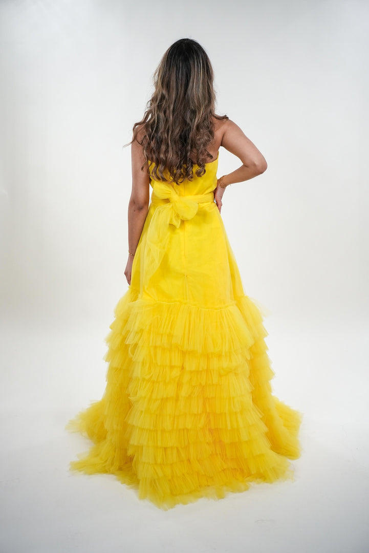 Blythe satin and tulle ruffled net backless dress with adjustable net belt