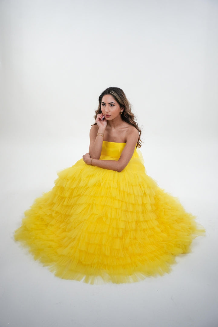 Blythe satin and tulle ruffled net backless dress with adjustable net belt