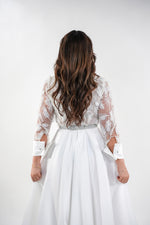 Load image into Gallery viewer, Esther white lace full sleeved floral maxi dress with crystallized belt