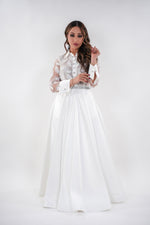 Load image into Gallery viewer, Esther white lace full sleeved floral maxi dress with crystallized belt