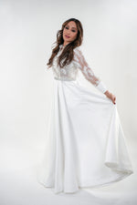 Load image into Gallery viewer, Esther white lace full sleeved floral maxi dress with crystallized belt