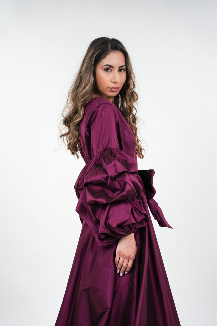 Paulina taffeta over-exaggerated layered sleeve wrap maxi dress