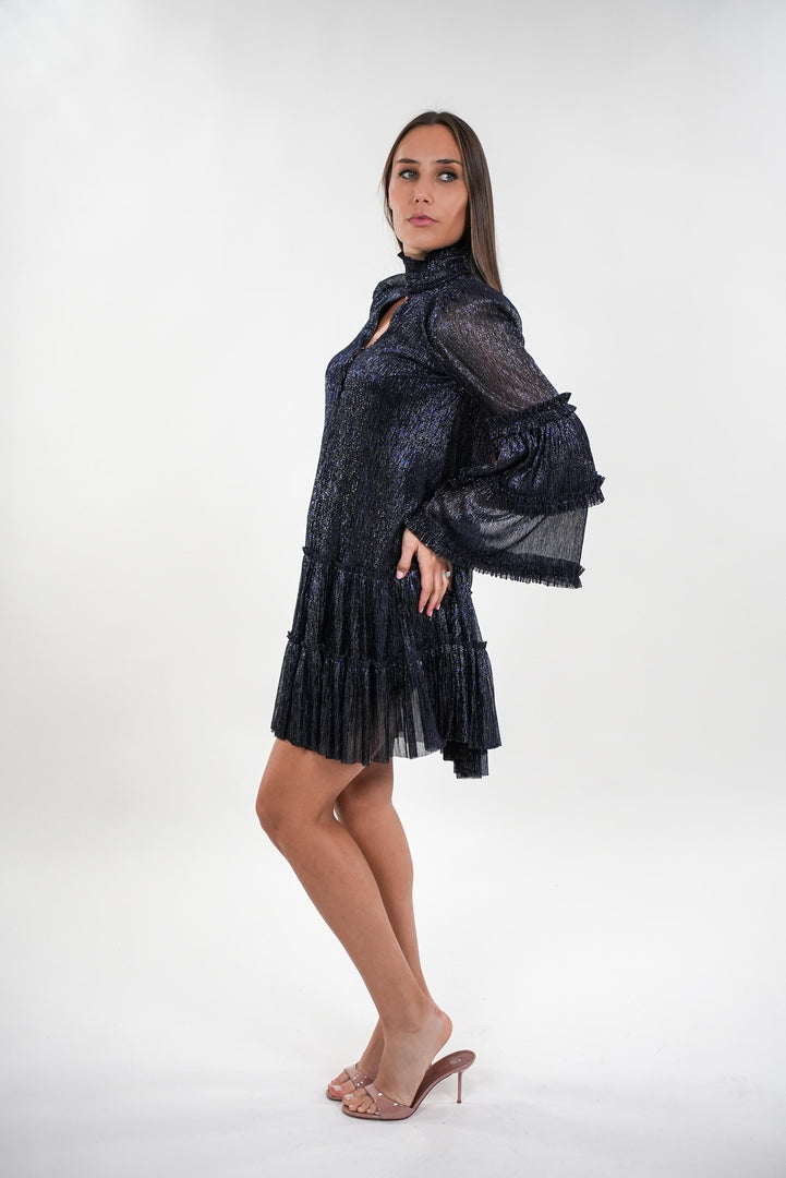 Ivanna shimmery collared with oval cut-out layered sleeve frill mini dress