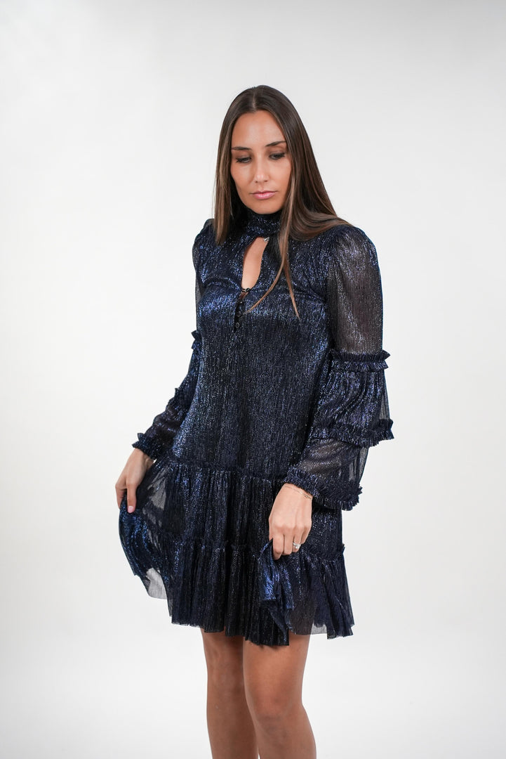 Ivanna shimmery collared with oval cut-out layered sleeve frill mini dress