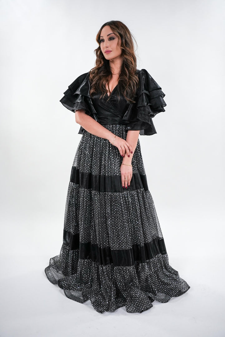 Rochelle layered glittery tulle v-neckline with layered balloon sleeve maxi dress